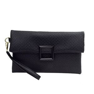 Chic black lychee grain envelope clutch bag for women with wristlet and gold hardware