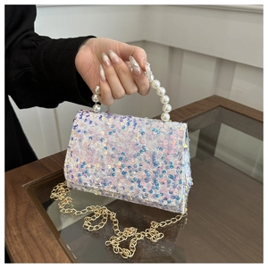 Sparkly white sequin handbag with pearl handle and gold chain strap for women