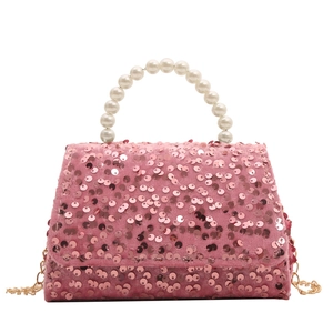 Pink sequin mini handbag with pearl handle and golden chain strap in a sweet style