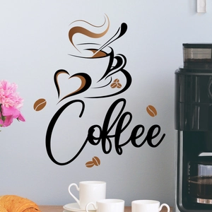 Détail du sticker mural café avec grains et motif de cœur sur un mur gris moderne