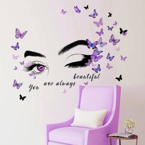 Detail view of eye and butterfly wall sticker with You Are Always Beautiful quote