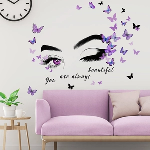 Elegant purple butterfly wall stickers with long eyelashes and beautiful quote for home decor