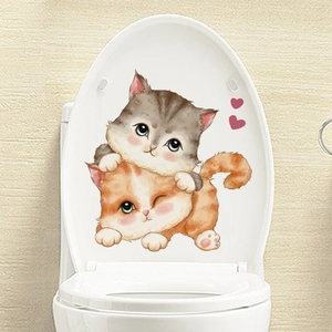 Cute Cartoon Cats Toilet Sticker Waterproof PVC Grey Orange Cat Heart Pattern Decorative Wall Decal For Bathroom Restroom Decor