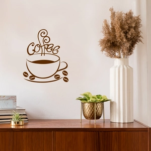 Artistic coffee cup wall decal with steam text and beans on minimalist interior wall