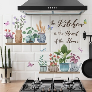 Kitchen wall decal featuring watercolor potted plants and heart of the home quote decor