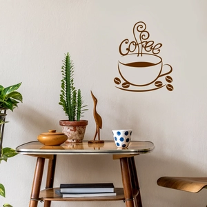 Detail of dark brown Coffee wall decal with beans and smoke on a minimalist home wall