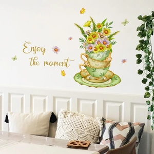 Floral teacup wall decals with butterflies and Enjoy the moment quote for home decor
