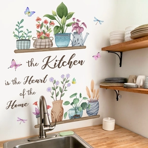 Kitchen Wall Sticker PVC Waterproof Potted Plants Butterflies Decal Heart Of Home Quote Floral Botanical Mural Home Decor