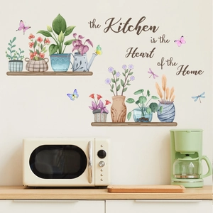 Detail view of kitchen wall stickers with potted plants, butterflies and heart home quote