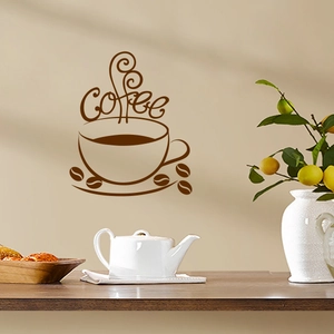 Dark brown coffee cup wall decal with artistic lettering for kitchen and cafe decor