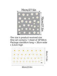 Size chart for white flower wall stickers showing layout dimensions and sheet details