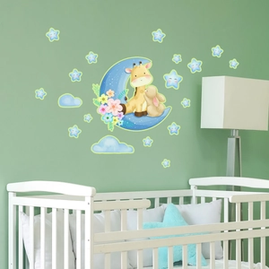 Luminous giraffe and rabbit on blue moon wall sticker set for baby room decor