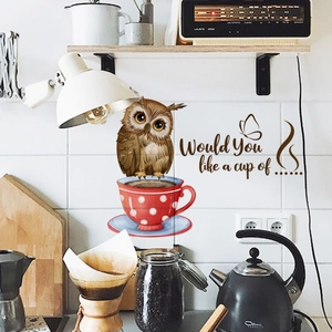 Creative owl tea cup wall sticker in kitchen setting with butterfly and quote decor