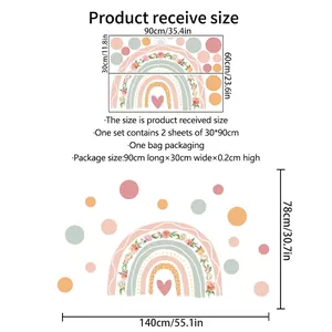 Size chart for rainbow and floral wall stickers showing layout and product dimensions