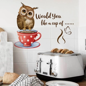Creative owl and coffee cup wall sticker for kitchen tiles and dining room decoration