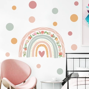 Detailed view of Morandi rainbow wall stickers with floral patterns on white wall