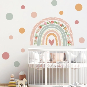 Boho rainbow and floral wall decal set with muted dots for nursery wall decor