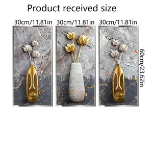 Dreiteiliges modernes Wandtattoo-Set mit 3D-Lotosblumen und goldenen Vasen-Motiven