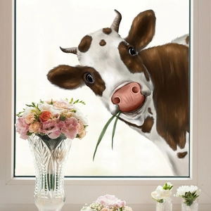Funny peek-a-boo cow window sticker with green grass, double-sided animal wall decal