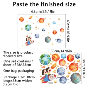 Space planet and cartoon astronaut wall decals with layout and finished dimensions