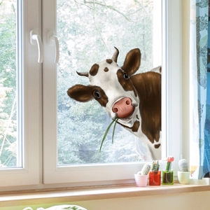 Cartoon dairy cow window sticker with peeking brown and white cow design for home decor