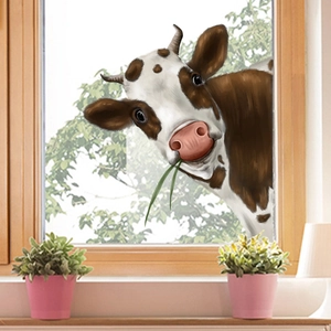 Creative 3D window sticker with cow peeking and green grass for room decor