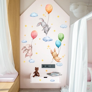 Detail of watercolor bunny with colorful balloons wall stickers for nursery wall decoration