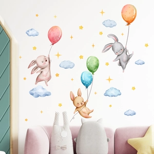 Cartoon rabbit and colorful balloons wall stickers set for children nursery room decor