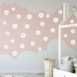 White daisy wall stickers with yellow centers for kids' room wall decor, vinyl decal set