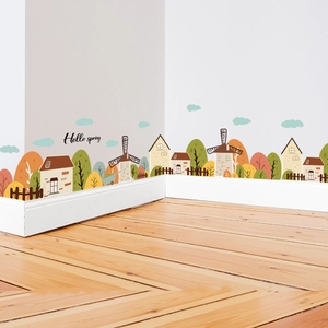 Stickers muraux château et moulin avec texte Hello Spring pour chambre enfant