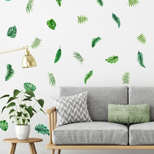 Tropical monstera and palm leaf wall stickers set in a modern minimalist living room