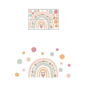 Rainbow floral wall stickers for kids room with detailed dimensions and layout size guide