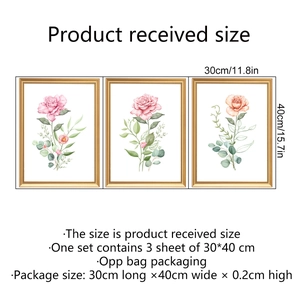 Set of 3 watercolor flower wall art prints with pink roses and golden frames 30x40cm