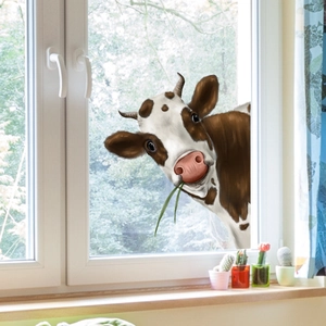 Peeking cow vinyl window decal with grass in mouth for creative home wall decoration
