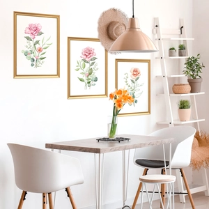 Three-piece floral wall art set with gold frames for modern living room decor