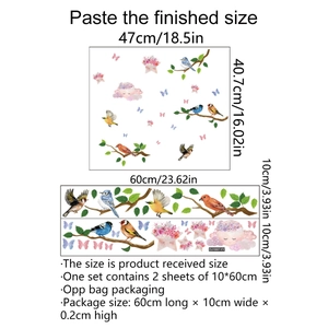 Floral birds and clouds static wall decals set with size guide for window decoration