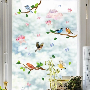 Bird Window Stickers PVC Flower Branch Wall Decals Static Cling Double Sided Glass Decorations Cartoon Illustration Style