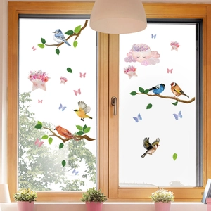 Floral bird and butterfly static window clings on wooden frame glass with plants