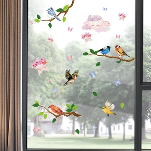 Double-sided floral branch and cartoon bird static window stickers for home decor