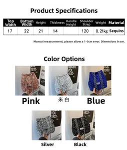 Detailed size chart and multi-color options for sequin crossbody bucket bag for women
