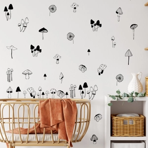 Minimalist hand-drawn mushroom wall decals for bedroom decor in Nordic monochrome style
