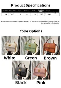 Tableau des tailles détaillé et options de couleurs pour le sac carré minimaliste en PU