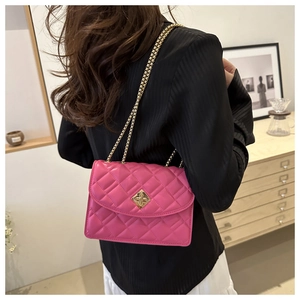 Rose pink quilted chain bag with gold twist lock shown on model for 2024 fashion