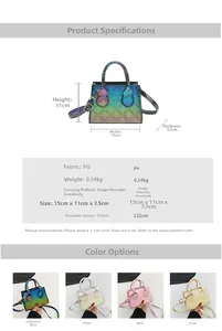 Detailed view of mini quilted metallic PU leather bag with dimensions and strap info