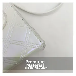 Close-up of quilted iridescent white handbag with premium stitching and macro texture