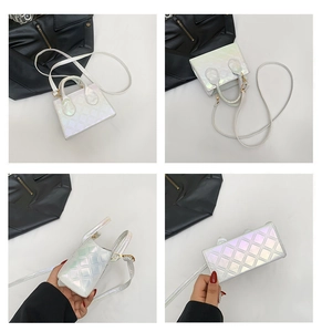 Multi-angle view of white quilted mini bag with pearl finish and thin strap details