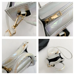 Detail view of pearlescent quilted bag showing gold hardware and inner compartments
