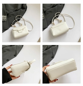 Detail view of cream-colored cross-body bag showing textured leather and four angles