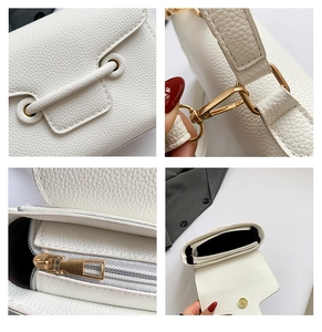 Detail shots of white lychee leather texture, gold hardware, and interior zipper pocket