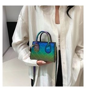 Close-up of holographic quilted crossbody bag with gradient blue and purple metallic finish